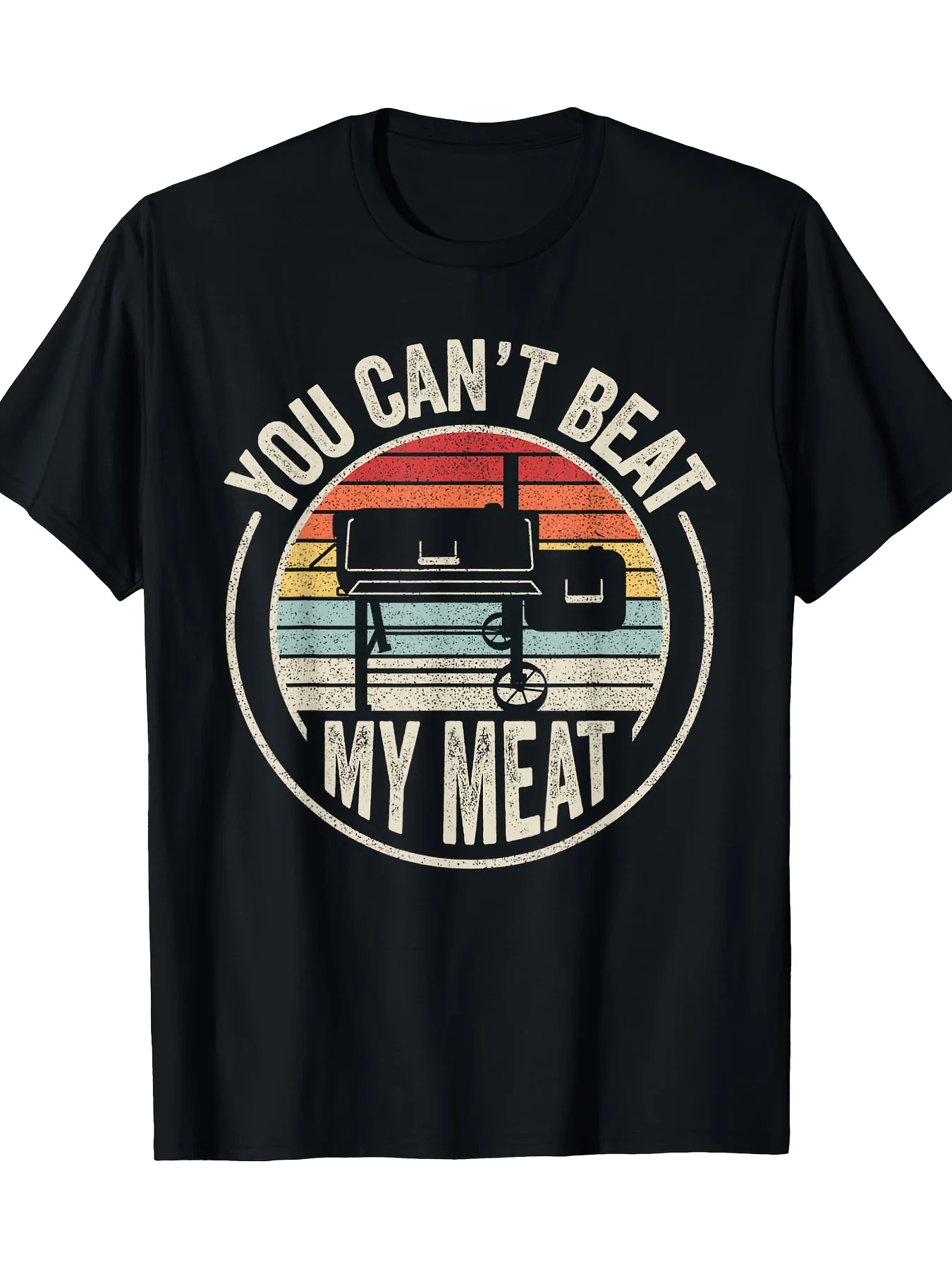 Retro BBQ "You Can't Beat My Meat" Graphic Tee - 100% Cotton, 220g, Short Sleeve, Crew Neck in Black with Colorful Stripe Design
Retro BBQ "You Can't Beat My Meat" Graphic Tee - 100% Cotton, 220g, Short Sleeve, Crew Neck in Black with Colorful Stripe Design