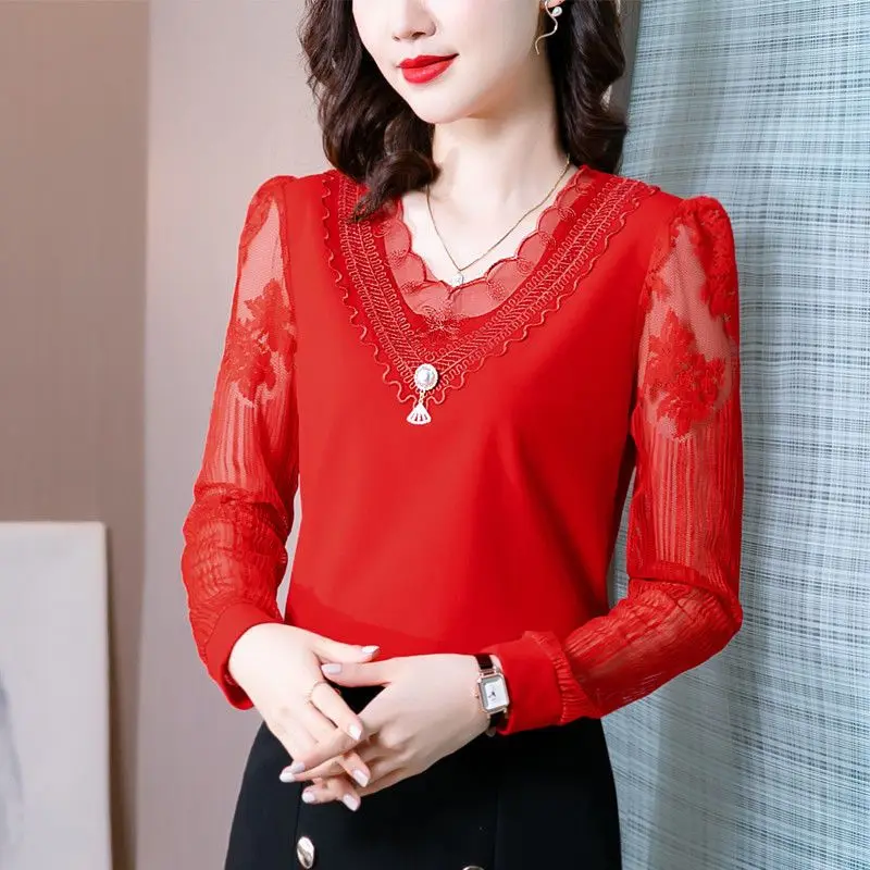 Women's 2024 Spring Autumn New Fashion Elegant Solid Color Lace V-neck Long Sleeved Pullover Bottom Loose T-shirts Chiffon Tops
Women's 2024 Spring Autumn New Fashion Elegant Solid Color Lace V-neck Long Sleeved Pullover Bottom Loose T-shirts Chiffon Tops