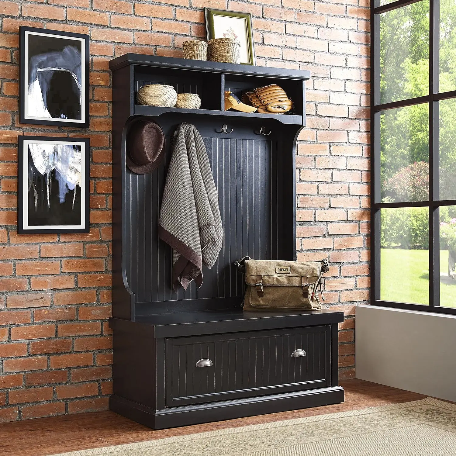 Seaside Hall Tree, Entryway Bench with Coat Rack and Shoe Cabinet, Distressed Black
Seaside Hall Tree, Entryway Bench with Coat Rack and Shoe Cabinet, Distressed Black