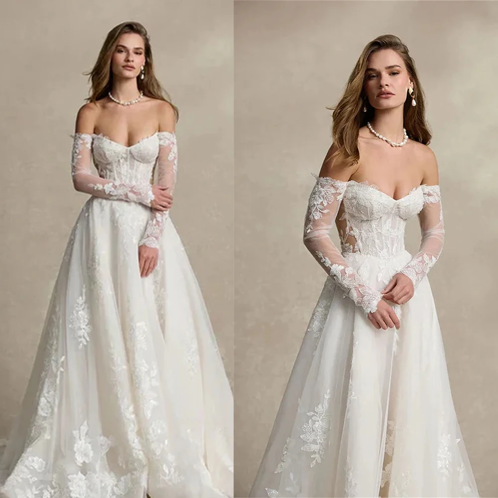 Off The Shoulder Detachable Long Lace Sleeve A Line Wedding Dress Corset Floral Lace Chapel Train Ivory Bridal Gown Custom Plus
Off The Shoulder Detachable Long Lace Sleeve A Line Wedding Dress Corset Floral Lace Chapel Train Ivory Bridal Gown Custom Plus