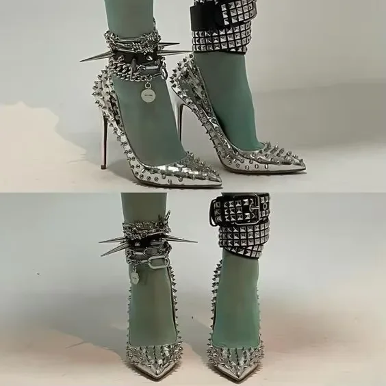 Luxury Pointed Toe Rivets Buckle Sandals Lady Ankle Strappy Leather Stiletto High Heel Sandals Silver Dress Shoes Street
Luxury Pointed Toe Rivets Buckle Sandals Lady Ankle Strappy Leather Stiletto High Heel Sandals Silver Dress Shoes Street