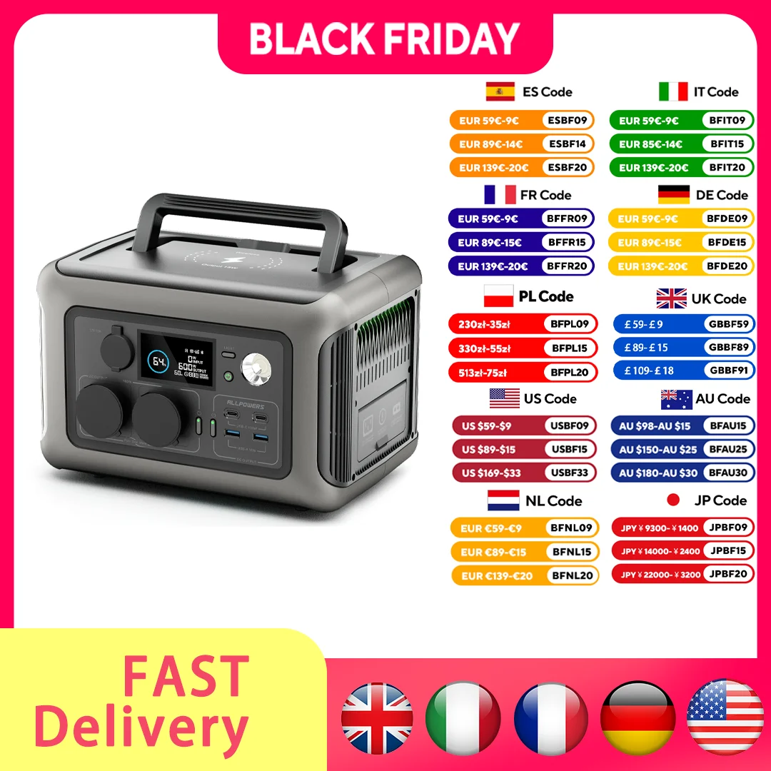 ALLPOWERS Portable Power Station R600, 299Wh 600W LiFePO4 Battery Backup with UPS Function, 400W Max Input, for Outdoor Camping
ALLPOWERS Portable Power Station R600, 299Wh 600W LiFePO4 Battery Backup with UPS Function, 400W Max Input, for Outdoor Camping