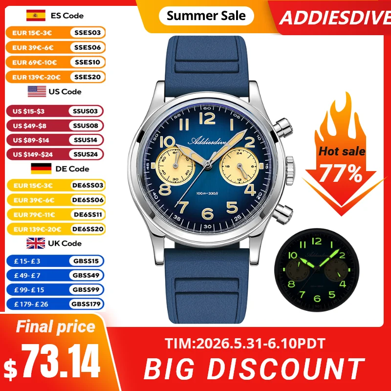 ADDIESDIVE New AD2516 Chronography VK64 Quartz Watches Waterproof 100m BGW9/C3 Luminous Retro Luxury Men's Watch Reloj Hombre
ADDIESDIVE New AD2516 Chronography VK64 Quartz Watches Waterproof 100m BGW9/C3 Luminous Retro Luxury Men's Watch Reloj Hombre