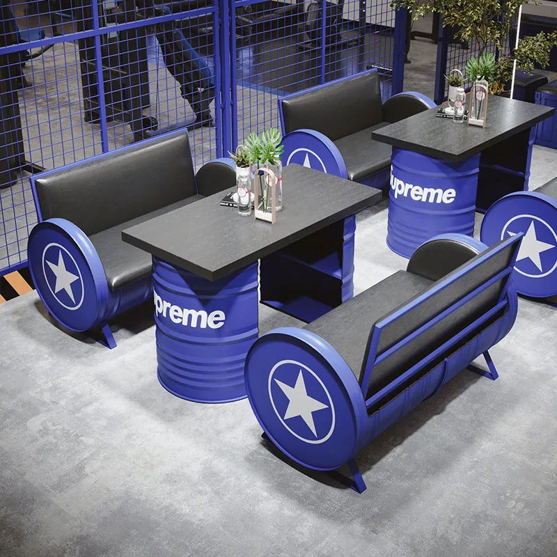 Deck sofa quiet bar retro industrial style iron catering hot pot restaurant oil drum table and chair combination wholesale
Deck sofa quiet bar retro industrial style iron catering hot pot restaurant oil drum table and chair combination wholesale