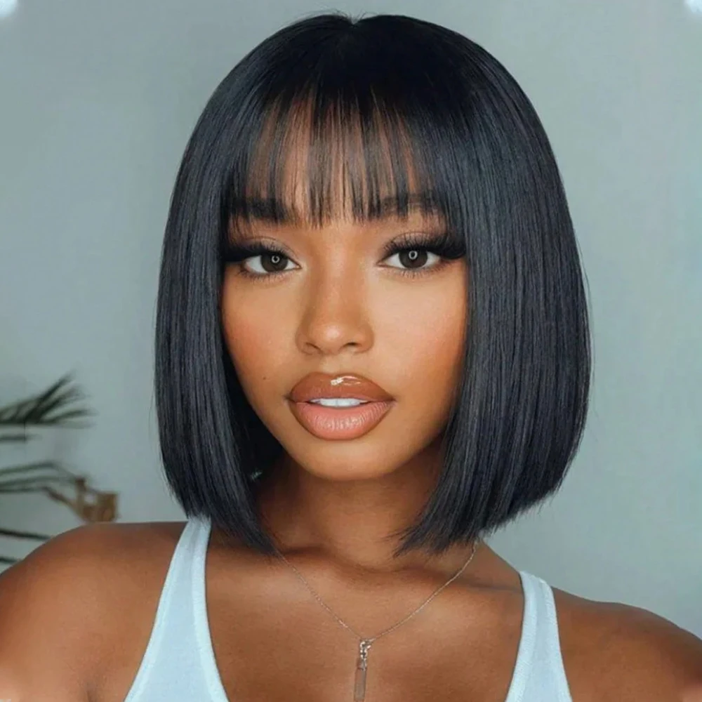Short Straight Hair Bob Wigs Natural Black Human Hair Wig With Bangs Full Machine Made Wig for Women Non Lace Glueless Bob Wig
Short Straight Hair Bob Wigs Natural Black Human Hair Wig With Bangs Full Machine Made Wig for Women Non Lace Glueless Bob Wig