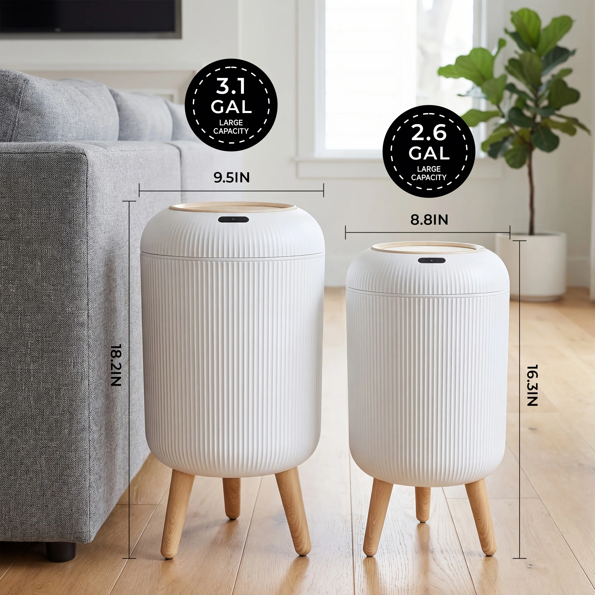 2-Pack Smart Sensor Trash Cans, 10L & 12L Automatic Touchless Waste Bins With Wooden Legs And Lid
2-Pack Smart Sensor Trash Cans, 10L & 12L Automatic Touchless Waste Bins With Wooden Legs And Lid