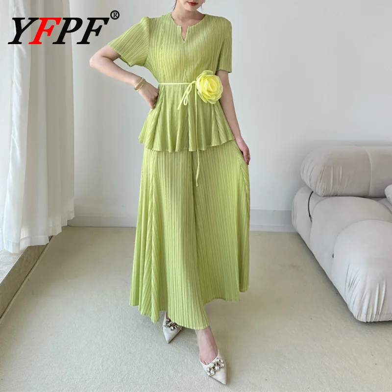 YFPF Elegant Pleated Women 2 Piece Set Short Sleeve Floral Lace-up Tops + Folds Long Skirts Fashion 2025 Summer New 3A293
YFPF Elegant Pleated Women 2 Piece Set Short Sleeve Floral Lace-up Tops + Folds Long Skirts Fashion 2025 Summer New 3A293
