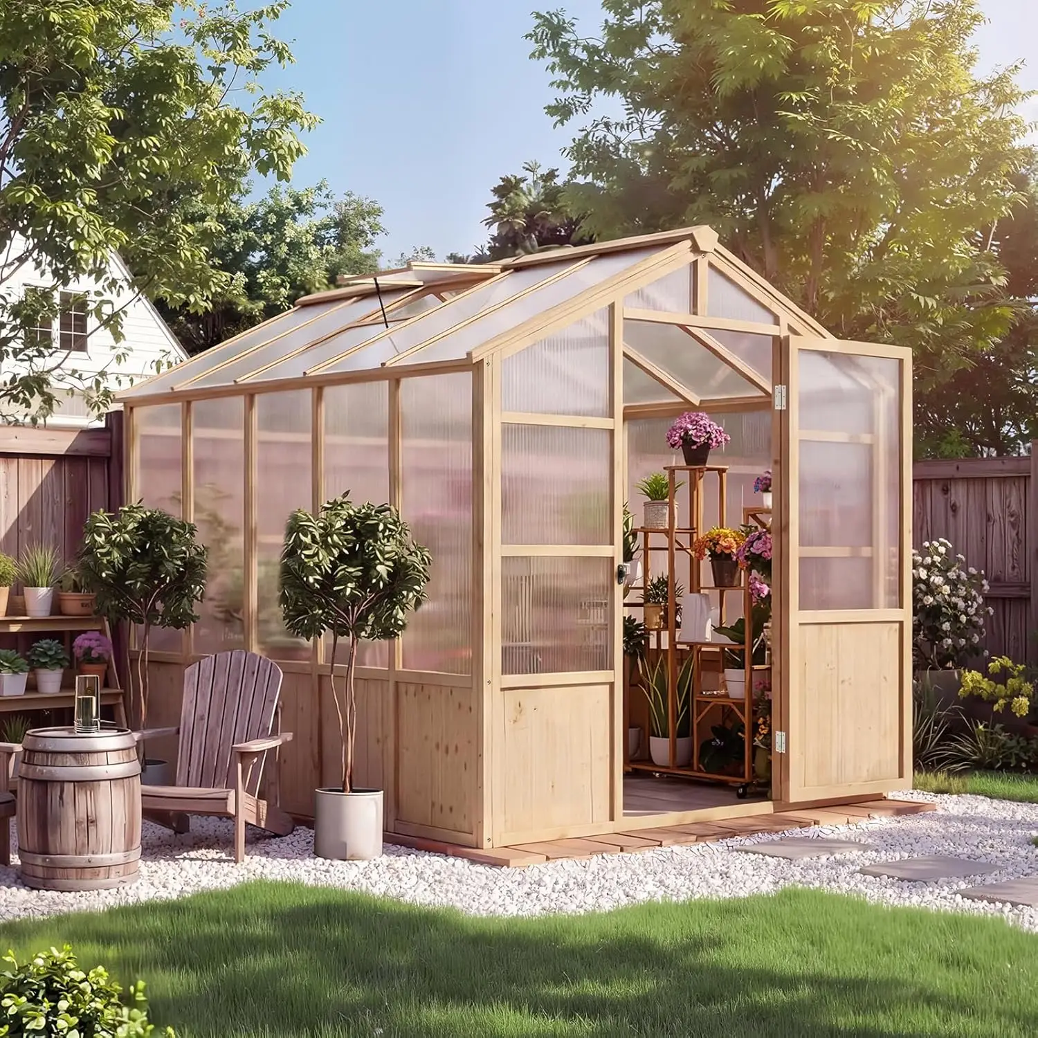 6x10 FT Wooden Walk-in Greenhouse with Vent Window Lock Door Polycarbonate Panel for Garden Backyard, Custom
6x10 FT Wooden Walk-in Greenhouse with Vent Window Lock Door Polycarbonate Panel for Garden Backyard, Custom