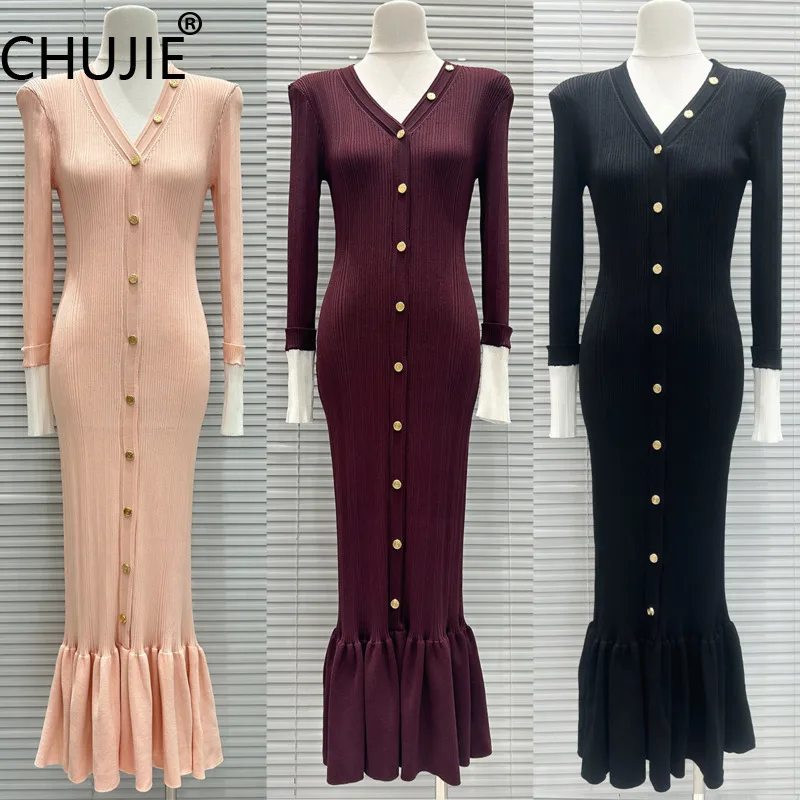 CHUJIE 2025 Fall French Style V-Neck Colorblock Dress, Long Mermaid Knit Button Down Dress, Slim Fit Elegant Evening Gown
CHUJIE 2025 Fall French Style V-Neck Colorblock Dress, Long Mermaid Knit Button Down Dress, Slim Fit Elegant Evening Gown