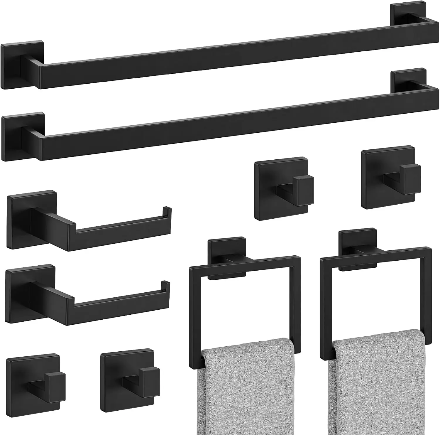 10-Piece Matte Black Bathroom Accessories Set, 24-Inch SUS304 Stainless Steel Towel Bar with Hooks and Holders for Wall-Mounted
10-Piece Matte Black Bathroom Accessories Set, 24-Inch SUS304 Stainless Steel Towel Bar with Hooks and Holders for Wall-Mounted