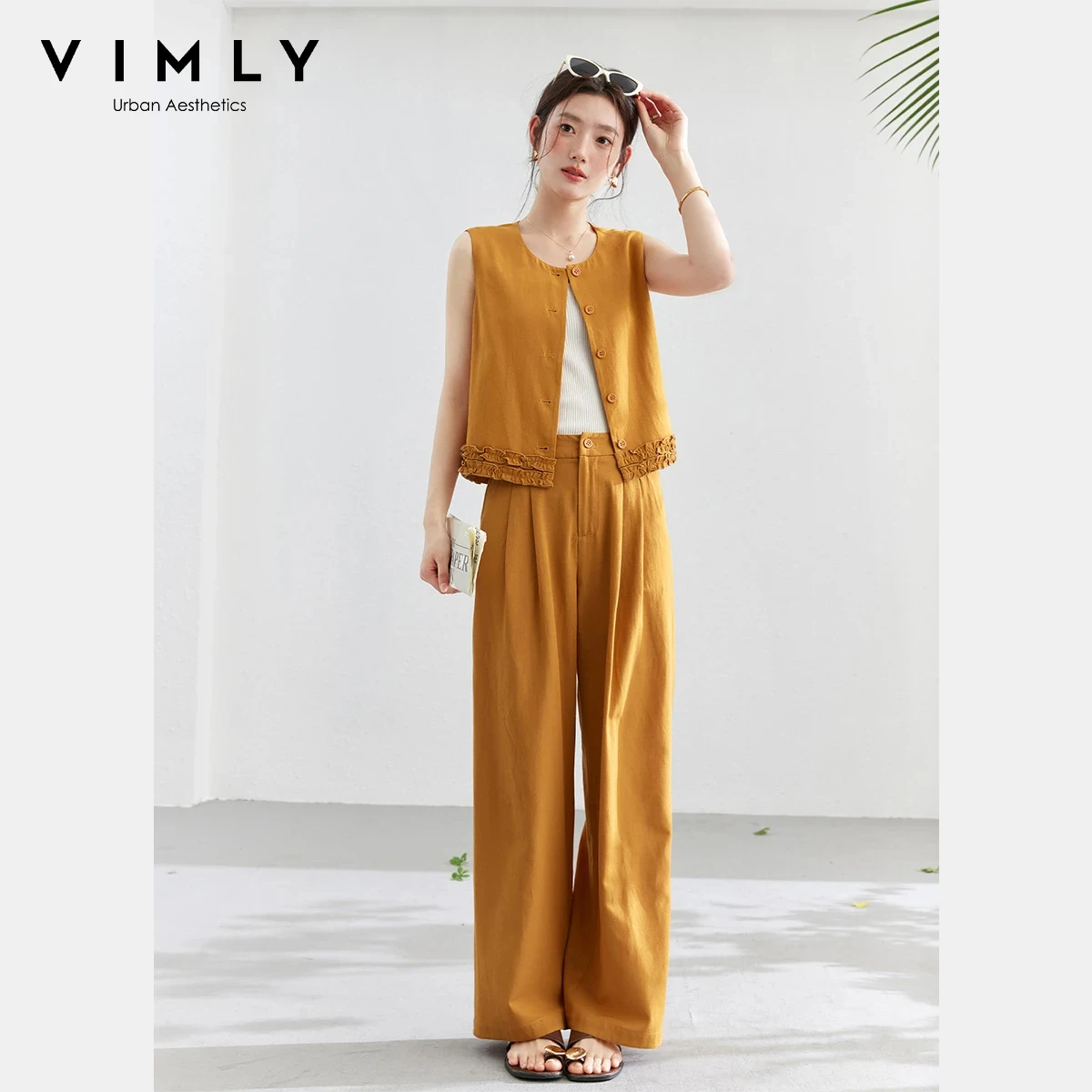 VIMLY Office Two-Piece Set Women 2026 Summer New Fashion Ruffle Hem Cropped Sleeveless Vest Wide Leg Pants Casual Outfit A6153
VIMLY Office Two-Piece Set Women 2026 Summer New Fashion Ruffle Hem Cropped Sleeveless Vest Wide Leg Pants Casual Outfit A6153