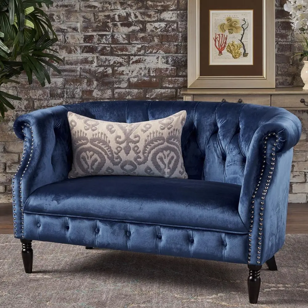 Tufted Scroll Arm Velvet Loveseat in Navy Blue and Khaki Brown
Tufted Scroll Arm Velvet Loveseat in Navy Blue and Khaki Brown