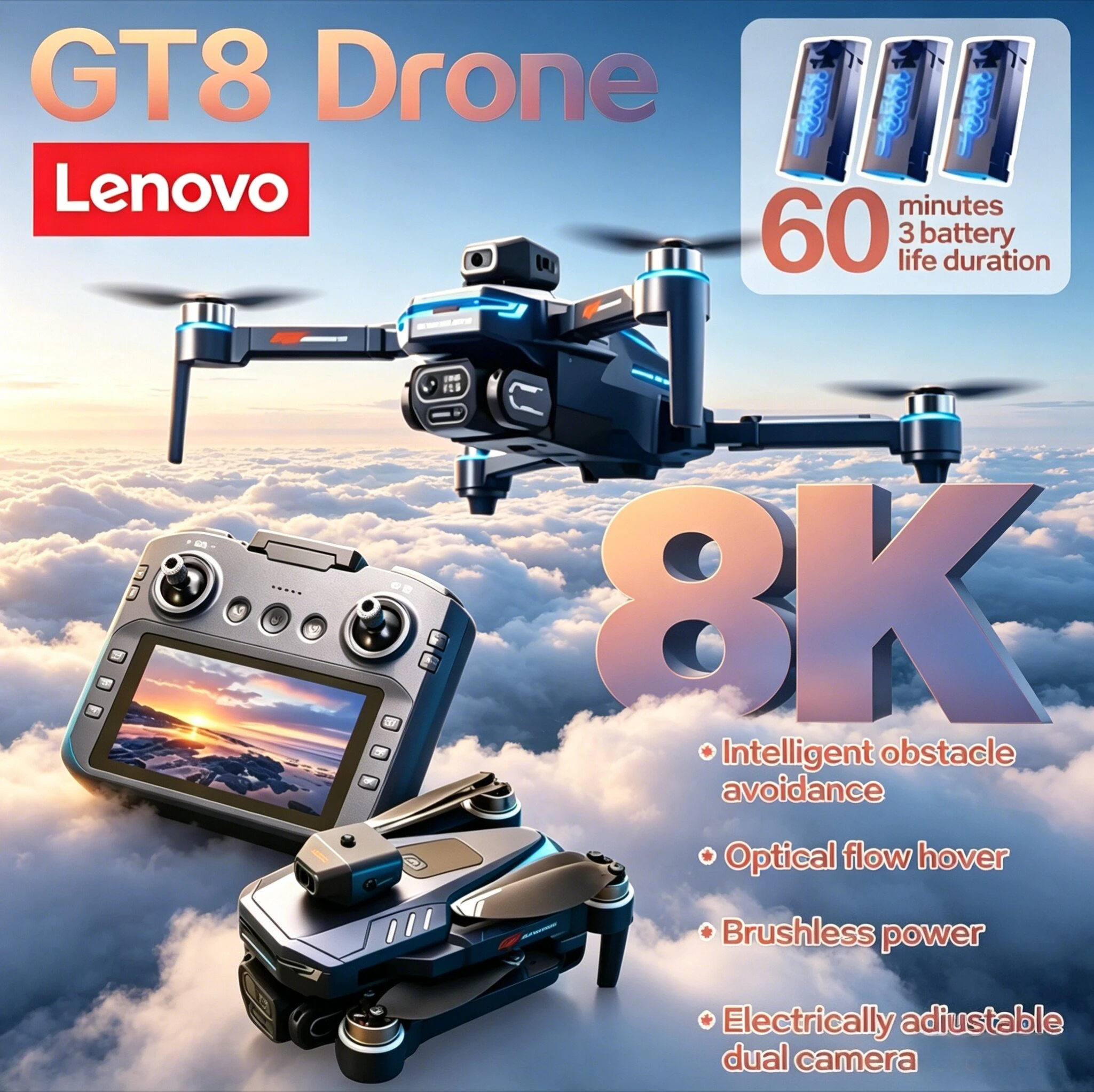 8K HD Dual Camera Foldable Drone Lenovo GT8 GPS 5G WiFi FPV Optical Flow Hovering Brushless RC Quadcopter For Adults Kids
8K HD Dual Camera Foldable Drone Lenovo GT8 GPS 5G WiFi FPV Optical Flow Hovering Brushless RC Quadcopter For Adults Kids