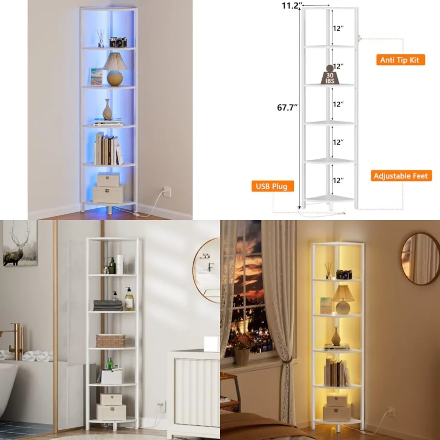 6 Tier Corner Shelf with LED Light, 67.5" Tall Standing Shelf Organizer, Narrow Bookshelf with Storage Rack for Wall Corner, Li
6 Tier Corner Shelf with LED Light, 67.5" Tall Standing Shelf Organizer, Narrow Bookshelf with Storage Rack for Wall Corner, Li