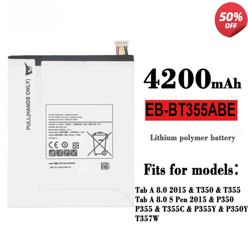 EB-BT550ABE Tablet Battery For Samsung Galaxy Tab A, 9.7 ", SM-T550, SM-P550, SM-T555, SM-T555C, SM-P351
EB-BT550ABE Tablet Battery For Samsung Galaxy Tab A, 9.7 ", SM-T550, SM-P550, SM-T555, SM-T555C, SM-P351
