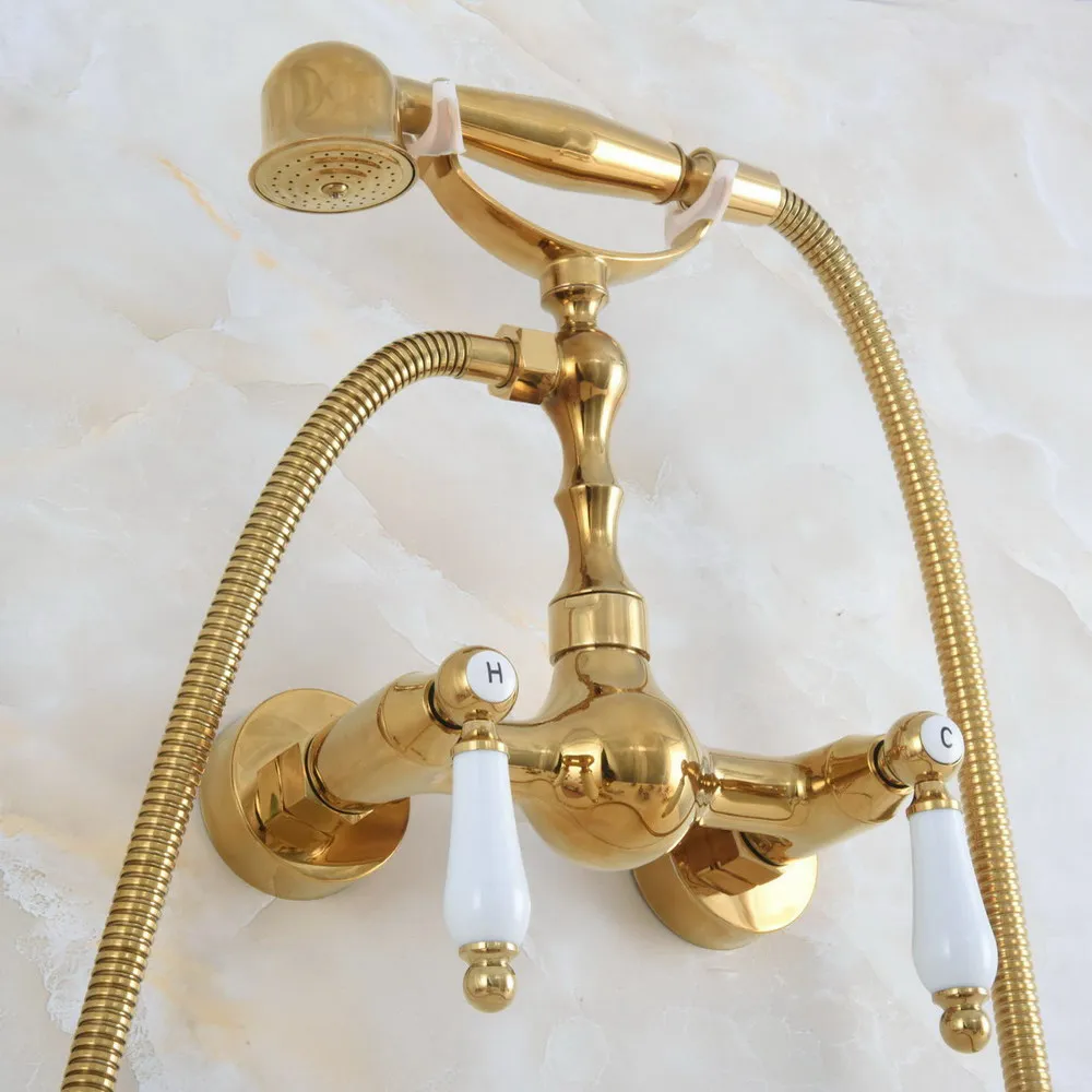Polished Luxury Golden Brass Wall Mounted Bathroom Shower Faucet Set with 1.5M Hose Handheld Spray Head Mixer Tap Dna833
Polished Luxury Golden Brass Wall Mounted Bathroom Shower Faucet Set with 1.5M Hose Handheld Spray Head Mixer Tap Dna833