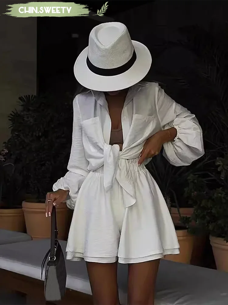 Solid Pleated Chiffon Shirt Shorts Set Women Casual Loose Long Sleeved Lapel Two Piece Suit 2025 New Summer Holiday Lady Outfit
Solid Pleated Chiffon Shirt Shorts Set Women Casual Loose Long Sleeved Lapel Two Piece Suit 2025 New Summer Holiday Lady Outfit