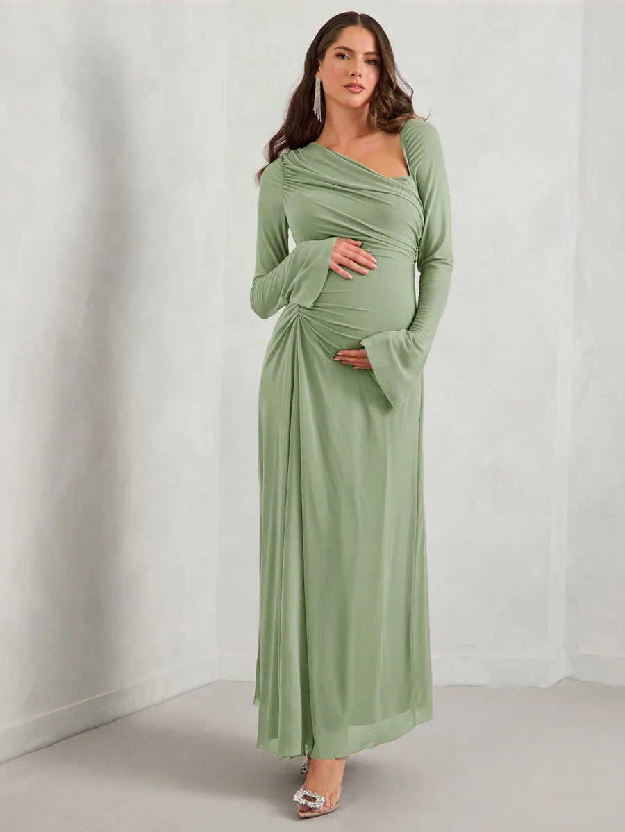 Elegant Maternity Long Dress With Twist Knot Waist Flare Sleeve Solid Color Round Neck
Elegant Maternity Long Dress With Twist Knot Waist Flare Sleeve Solid Color Round Neck