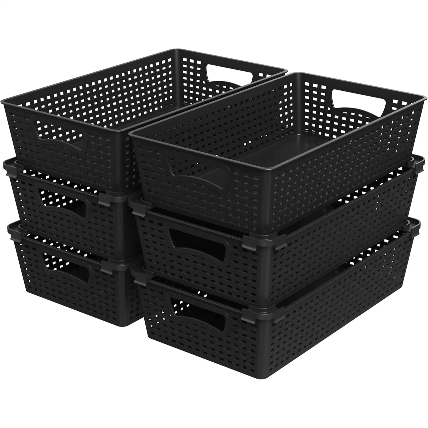 Stackable Plastic Woven Basket Organizer, 6 Pack, 14.5" x 8.5" x 3.5", Black with Handles
Stackable Plastic Woven Basket Organizer, 6 Pack, 14.5" x 8.5" x 3.5", Black with Handles