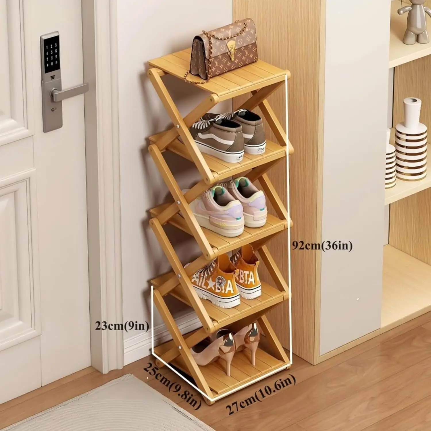Bamboo Shoe Rack, 5-Layer Foldable Organizer, No Assembly, Space-Saving for Entryway, Corner, Bedroom
Bamboo Shoe Rack, 5-Layer Foldable Organizer, No Assembly, Space-Saving for Entryway, Corner, Bedroom