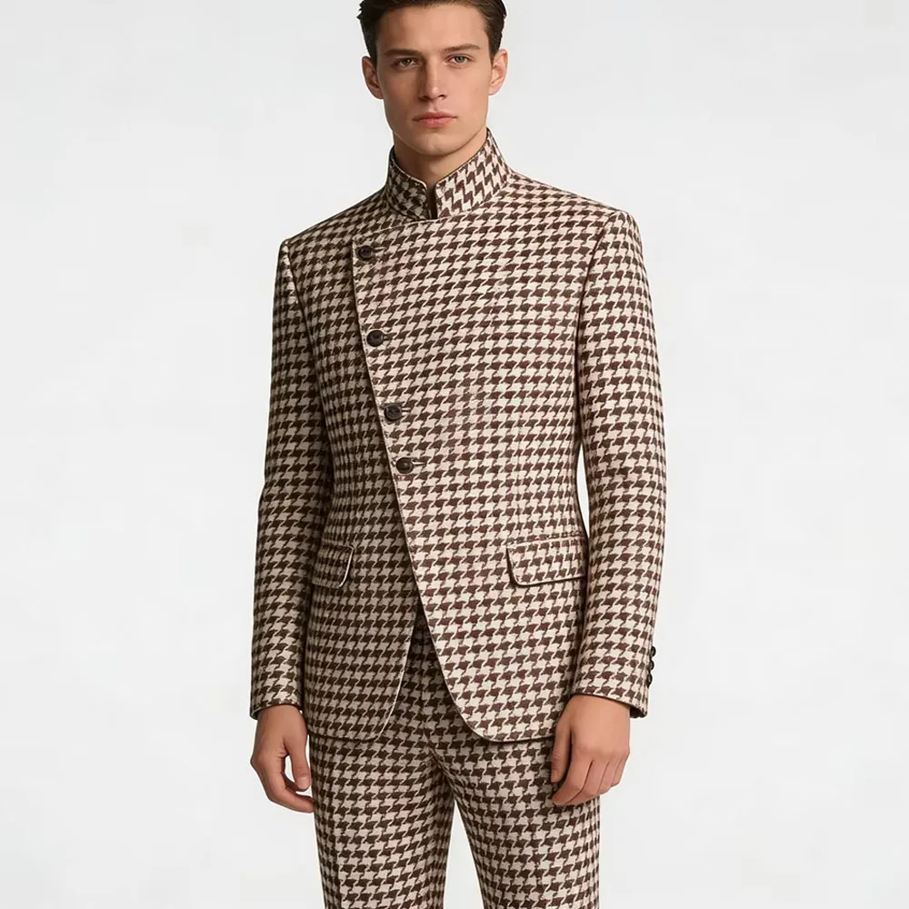Elegant Men's Houndstooth Suit 2 Piece Mandarin Collar Slim Fit Fashion Jacket Pants Vintage Male Set For Formal Business Weddin
Elegant Men's Houndstooth Suit 2 Piece Mandarin Collar Slim Fit Fashion Jacket Pants Vintage Male Set For Formal Business Weddin