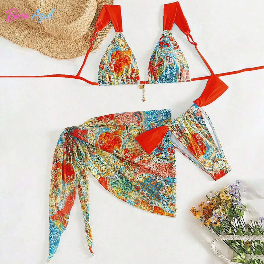 Paisley pattern three-piece bikini swimwear red shoulder strap and chiffon-covered swimwear sexy backless beach swimwear
Paisley pattern three-piece bikini swimwear red shoulder strap and chiffon-covered swimwear sexy backless beach swimwear