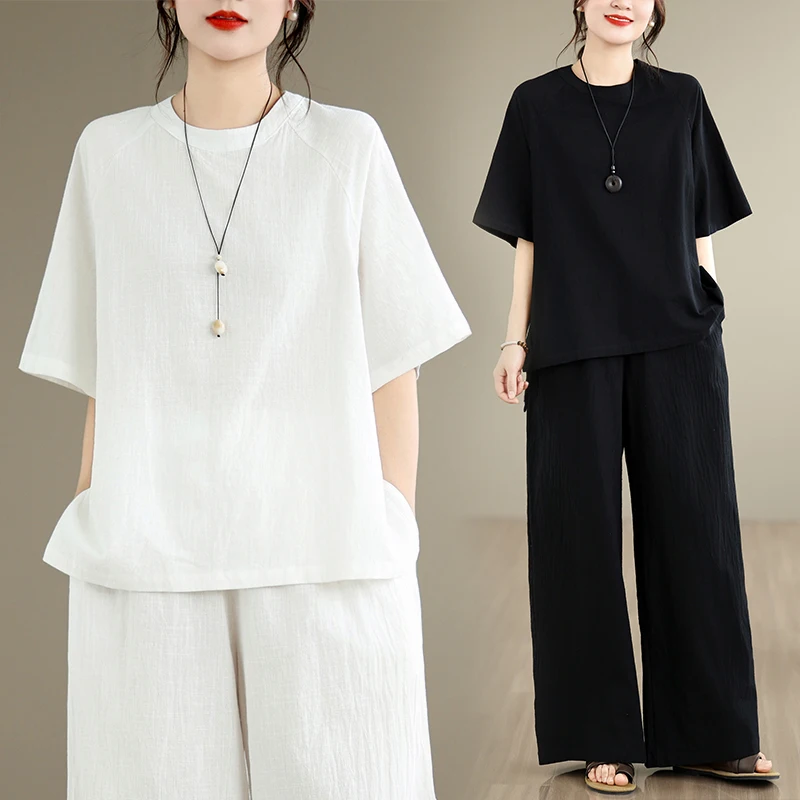 Summer Casual Loose round Neck Short Sleeve High Waist Draped Wide Leg Pants Two Piece Set Color Thin Cotton Blend
Summer Casual Loose round Neck Short Sleeve High Waist Draped Wide Leg Pants Two Piece Set Color Thin Cotton Blend