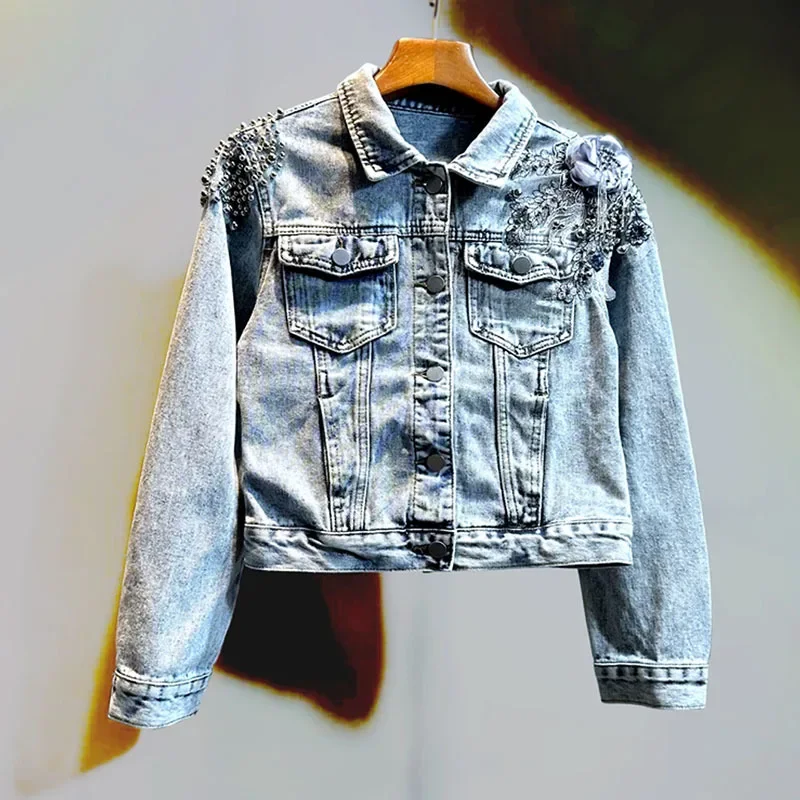 Heavy-work Beaded Diamonds Cowboy Coat Light Blue Slim Short Jeans Jacket Spring New Lapel Long Sleeve Denim Jackets Streetwear
Heavy-work Beaded Diamonds Cowboy Coat Light Blue Slim Short Jeans Jacket Spring New Lapel Long Sleeve Denim Jackets Streetwear