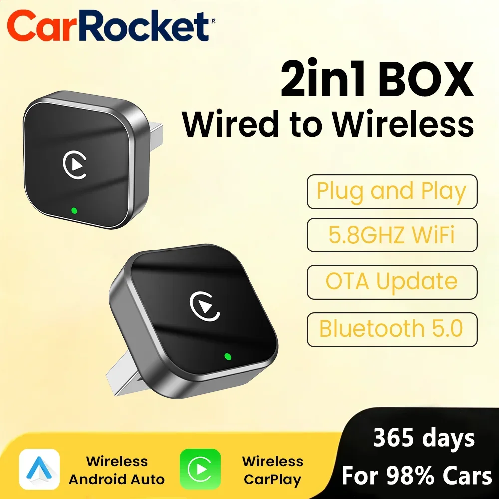 CarRocket НОВЫЙ 2-в-1 беспроводной адаптер CarPlay для Android-систем автомобиля, Android Auto, Wi-Fi, автоматическое подключение, Plug and Play, AI Box
CarRocket НОВЫЙ 2-в-1 беспроводной адаптер CarPlay для Android-систем автомобиля, Android Auto, Wi-Fi, автоматическое подключение, Plug and Play, AI Box