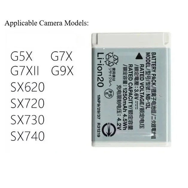 Suitable for Canon original NB-13L batteries for cameras including G7X2, G7X3, G5X, G9X, SX720 and SX730
Suitable for Canon original NB-13L batteries for cameras including G7X2, G7X3, G5X, G9X, SX720 and SX730