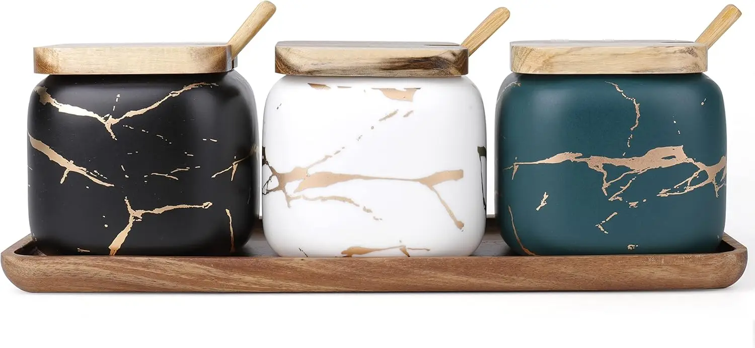3 Pack Ceramic Salt and Sugar Container with Spoons and Wooden Tray for Kitchen Counter
3 Pack Ceramic Salt and Sugar Container with Spoons and Wooden Tray for Kitchen Counter