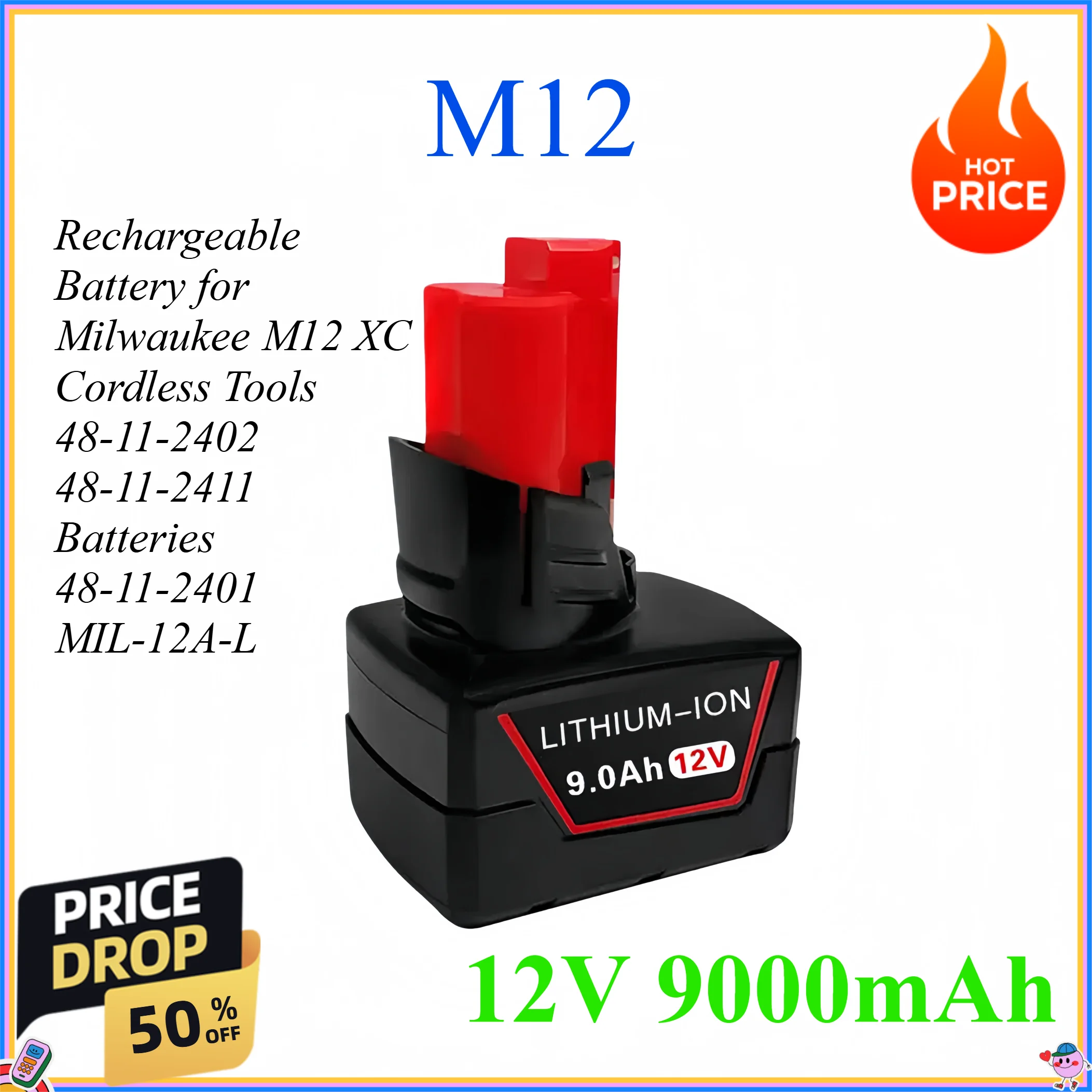 12V 9000mAh Rechargeable Battery for Milwaukee M12 XC Cordless Tools 48-11-2402 48-11-2411 Batteries 48-11-2401 MIL-12A-L
12V 9000mAh Rechargeable Battery for Milwaukee M12 XC Cordless Tools 48-11-2402 48-11-2411 Batteries 48-11-2401 MIL-12A-L
