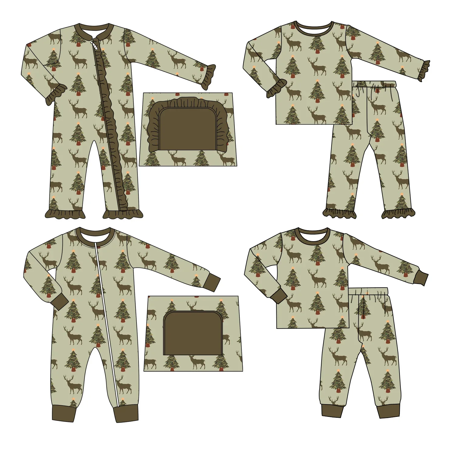 Custom children's autumn pajamas Baby girl ruffled edges Dark green long-sleeved trousers set Christmas tree and elk print onesi
Custom children's autumn pajamas Baby girl ruffled edges Dark green long-sleeved trousers set Christmas tree and elk print onesi