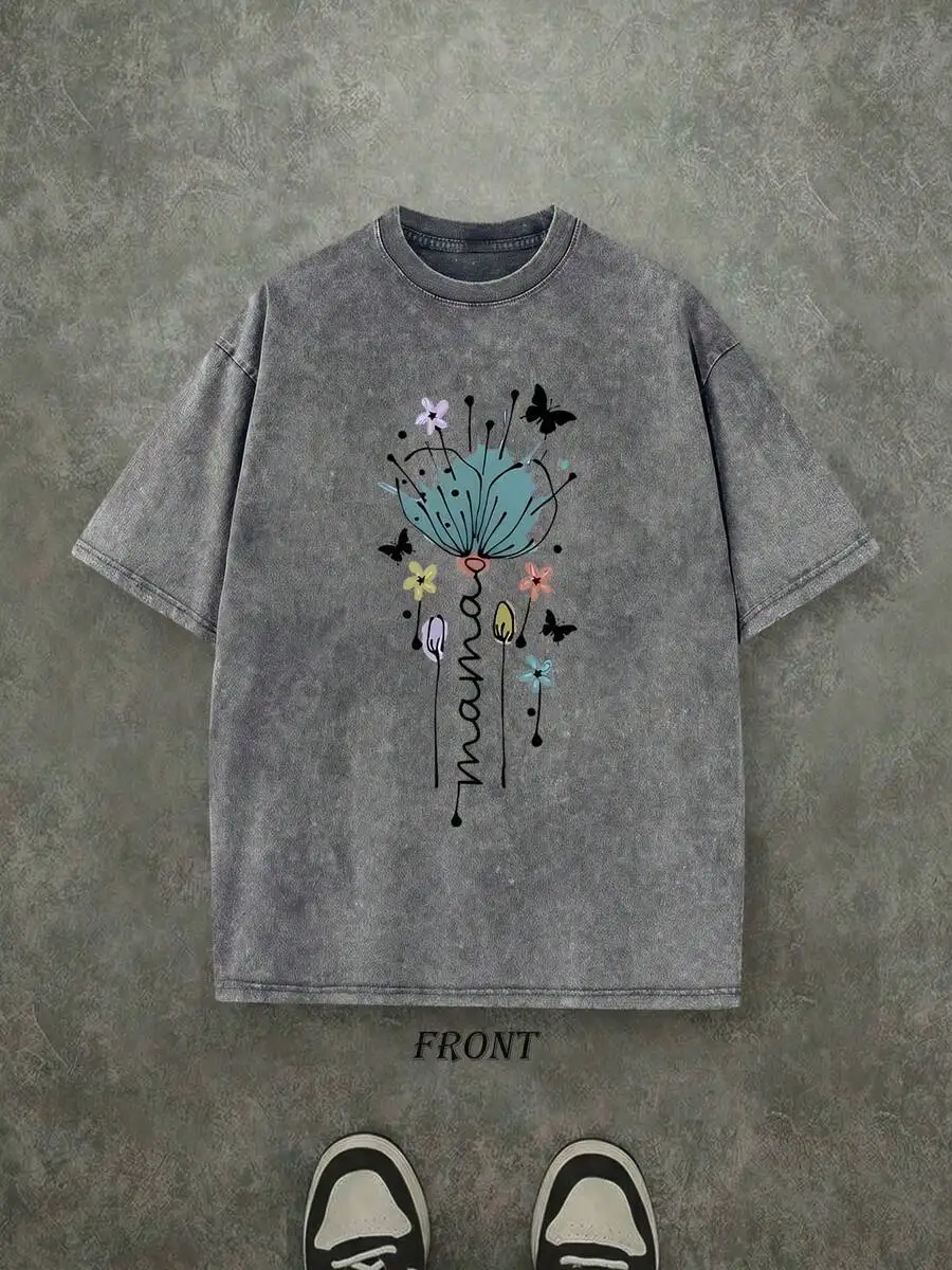 Washed Cotton T-Shirt With Floral Butterfly Print And Mama Lettering, Unisex Retro Streetwear
Washed Cotton T-Shirt With Floral Butterfly Print And Mama Lettering, Unisex Retro Streetwear