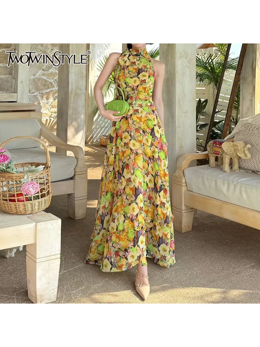 TWOTWINSTYLE Hit Color Printing Spliced Lace Up Dresses For Women Round Neck Sleeveless High Waist Elegant Long Dresses Female
TWOTWINSTYLE Hit Color Printing Spliced Lace Up Dresses For Women Round Neck Sleeveless High Waist Elegant Long Dresses Female