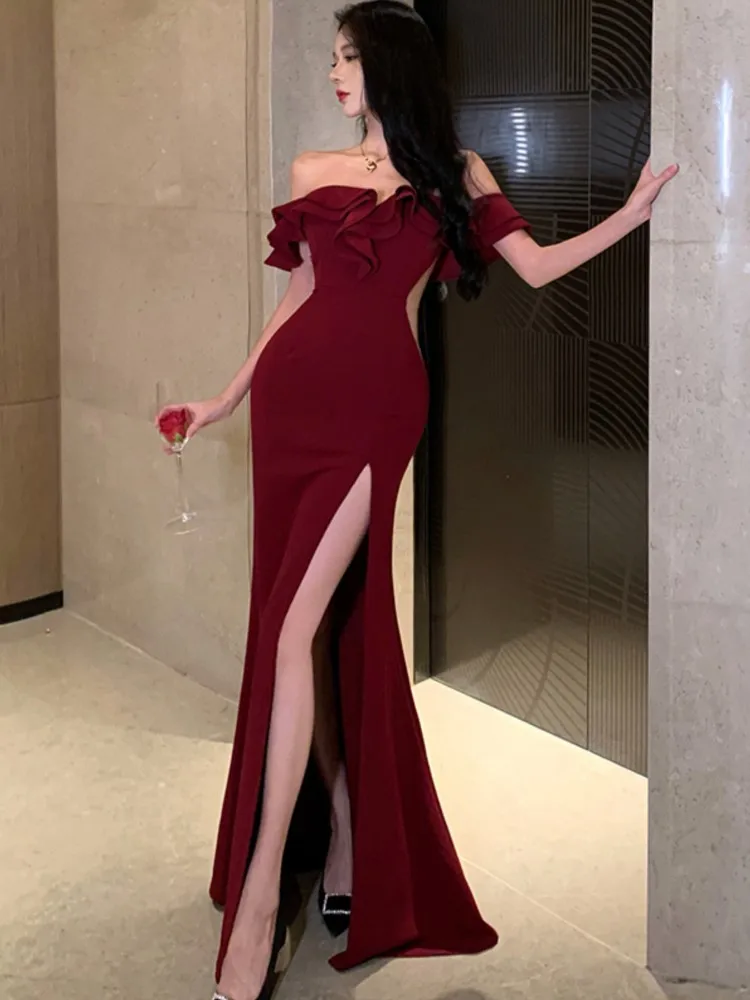 Sexy Bodycon Evening Dresses for Women Ruffles Slash Neck Wedding Party Prom Long Robe High Split Hollow Out Summer New Vestidos
Sexy Bodycon Evening Dresses for Women Ruffles Slash Neck Wedding Party Prom Long Robe High Split Hollow Out Summer New Vestidos