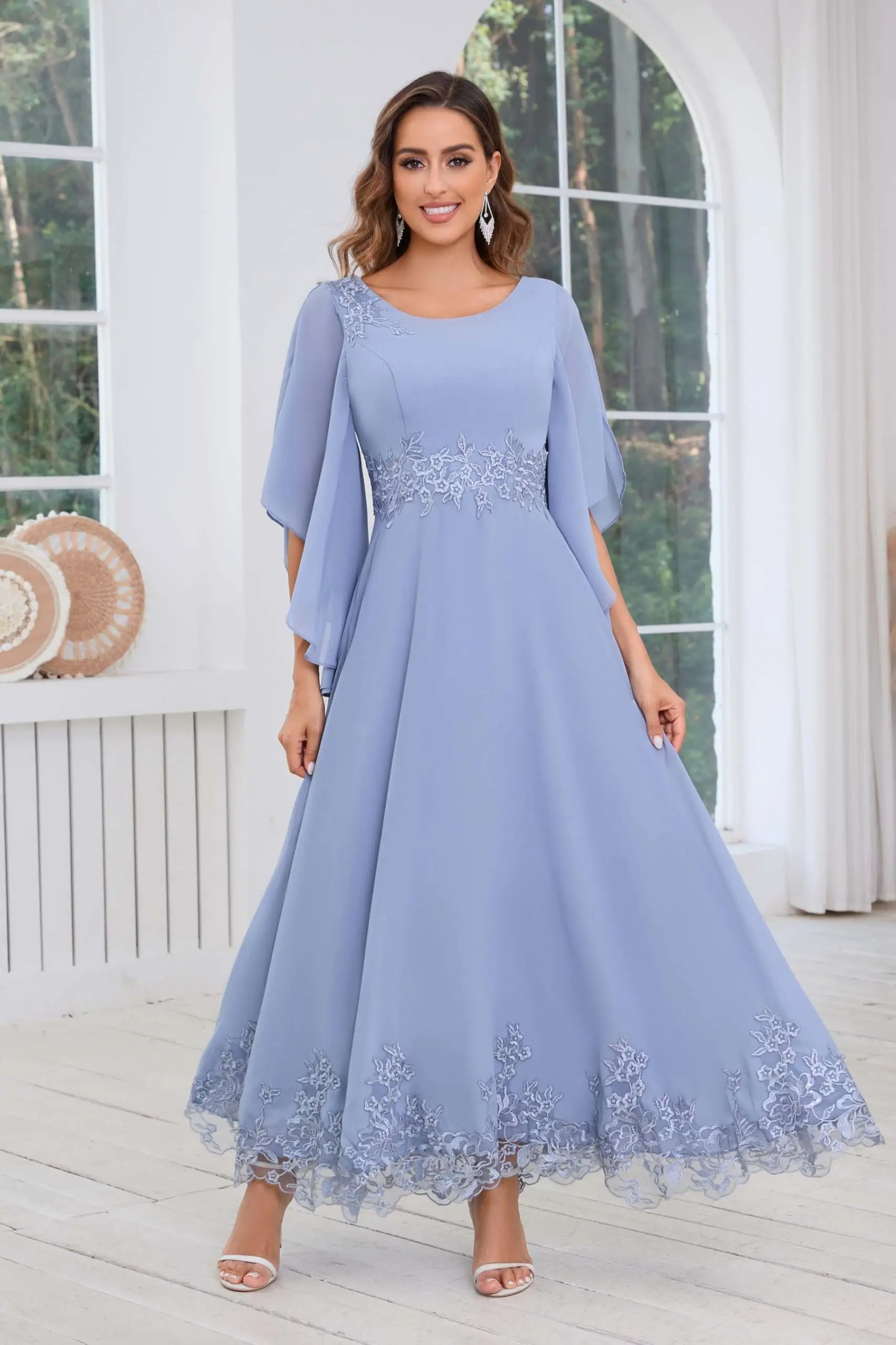 Women's Ankle Length Flutter Sleeve Mother of The Bride Dresses for Wedding A Line Lace Chiffon Evening Formal Gowns
Women's Ankle Length Flutter Sleeve Mother of The Bride Dresses for Wedding A Line Lace Chiffon Evening Formal Gowns