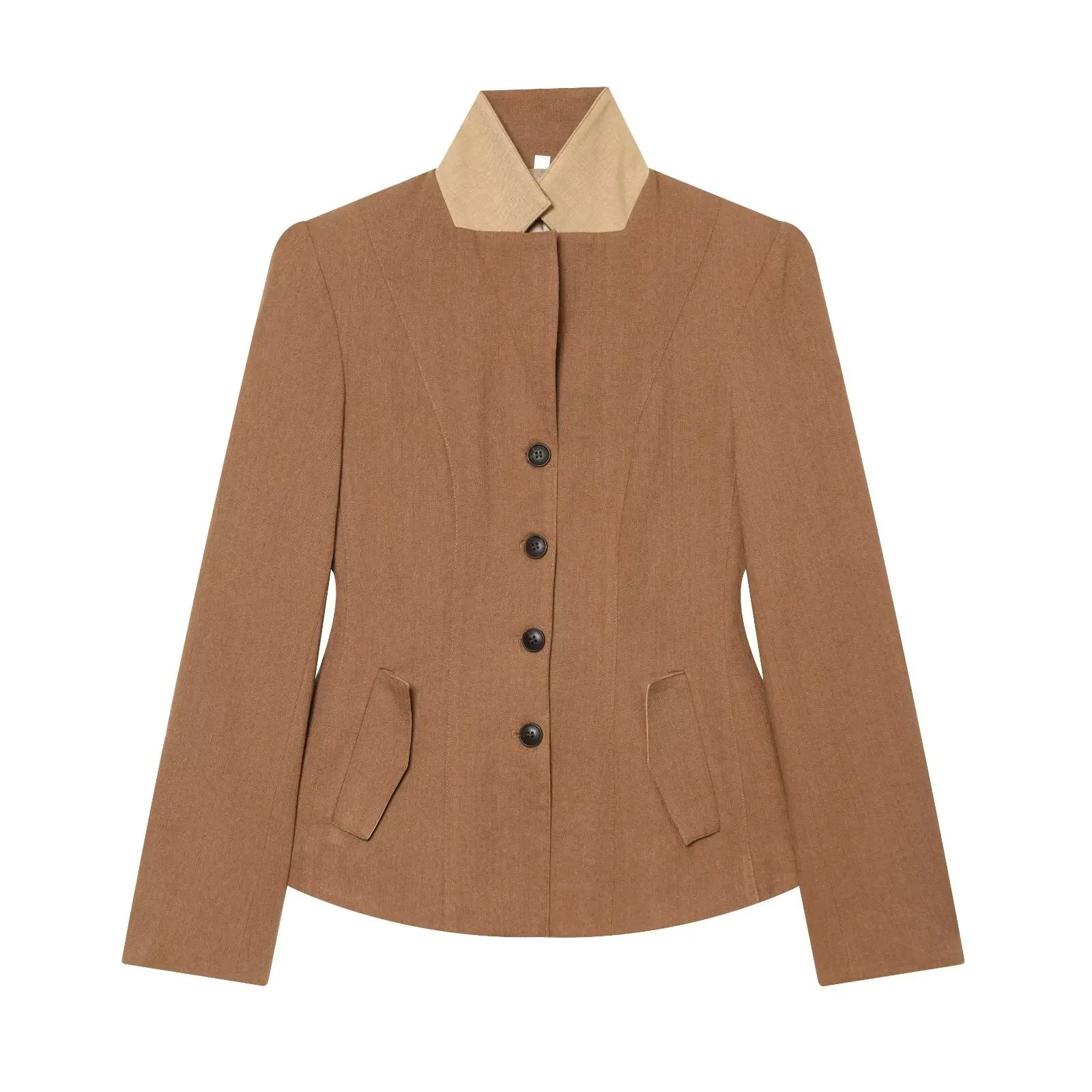 Contrast Color Stand Collar Fitted Blazer Waist Cinching Long Sleeve Slim Fit Brown Vintage Women Curved Hem Jacket 20260602
Contrast Color Stand Collar Fitted Blazer Waist Cinching Long Sleeve Slim Fit Brown Vintage Women Curved Hem Jacket 20260602