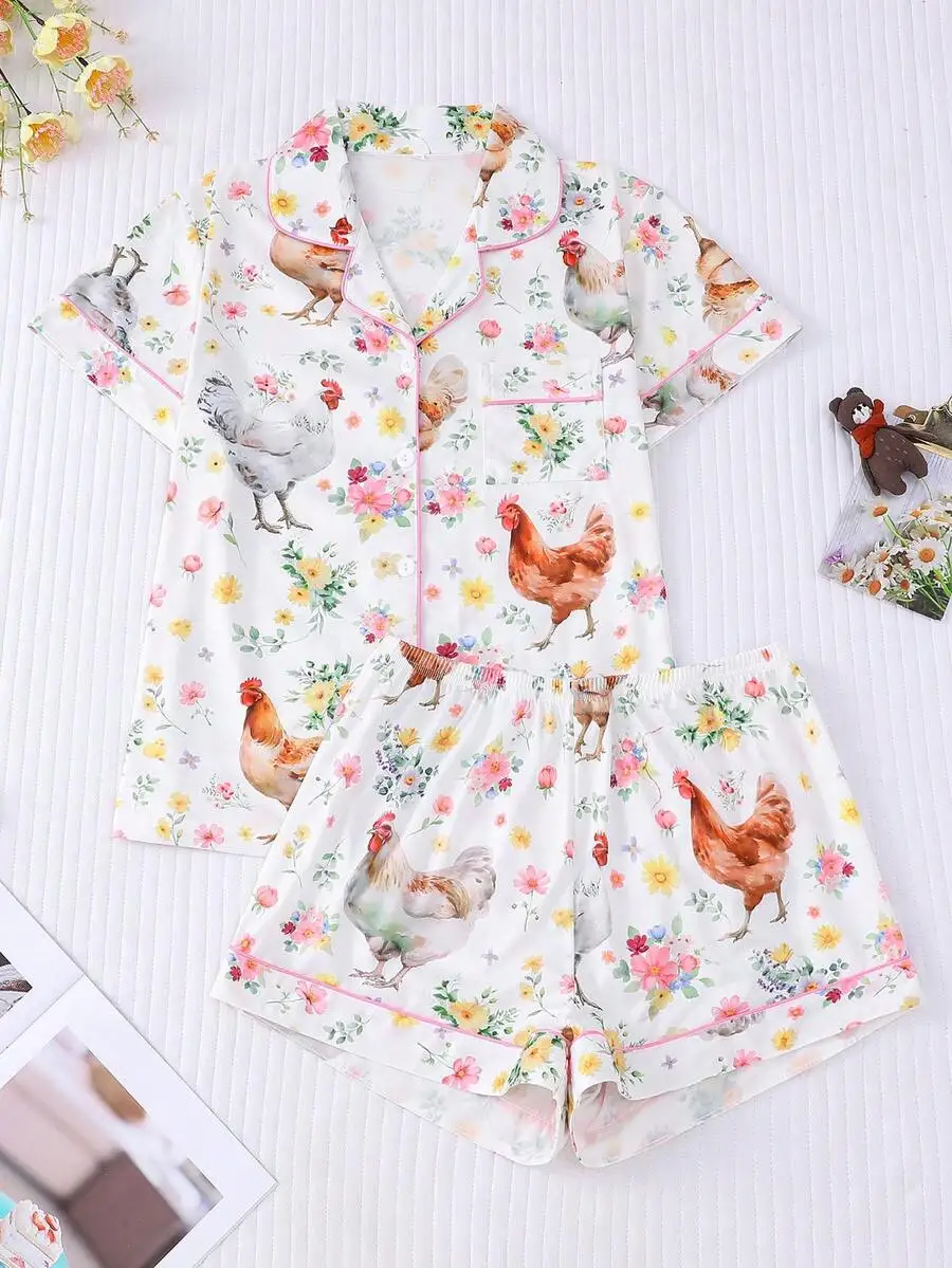 2pcs Women Chicken And Floral Print Pajama Set Short Sleeve Top With Collar Elastic Waist Shorts Comfortable Sleepwear
2pcs Women Chicken And Floral Print Pajama Set Short Sleeve Top With Collar Elastic Waist Shorts Comfortable Sleepwear