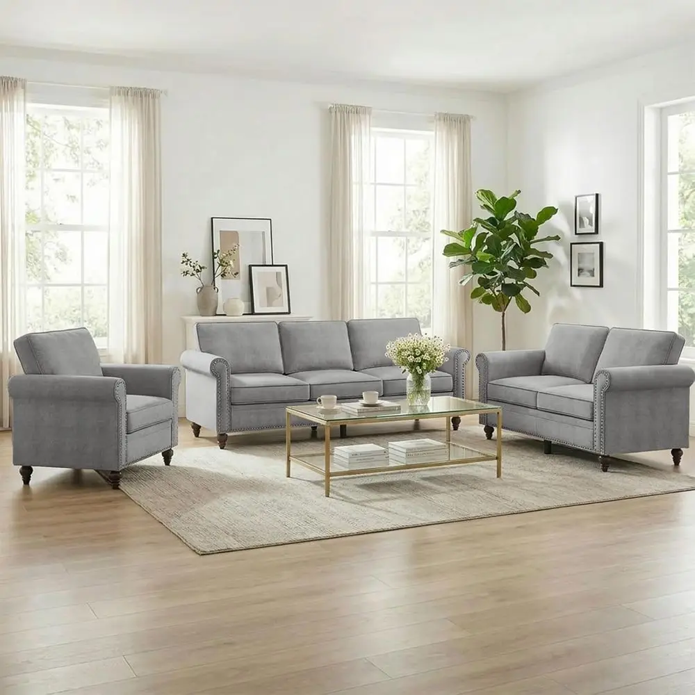 3-Piece Linen Sofa Set with Nailhead Trim, Living Room Furniture, Sofa & Loveseat & Chair, Light Grey
3-Piece Linen Sofa Set with Nailhead Trim, Living Room Furniture, Sofa & Loveseat & Chair, Light Grey