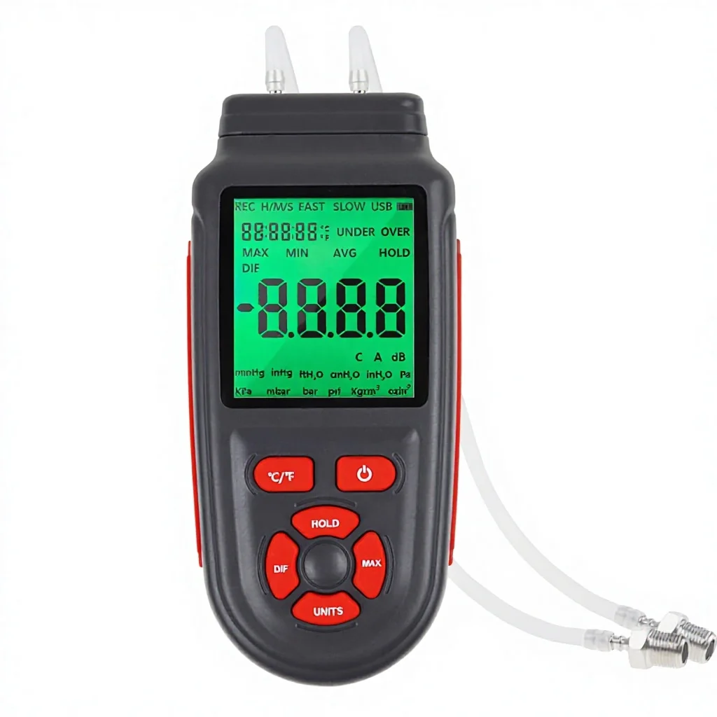 Digital Dual-Port Gas & Air Pressure Tester with Data Recording 12 Units Differential HVAC Gauge Large Backlit LCD Display China
Digital Dual-Port Gas & Air Pressure Tester with Data Recording 12 Units Differential HVAC Gauge Large Backlit LCD Display China