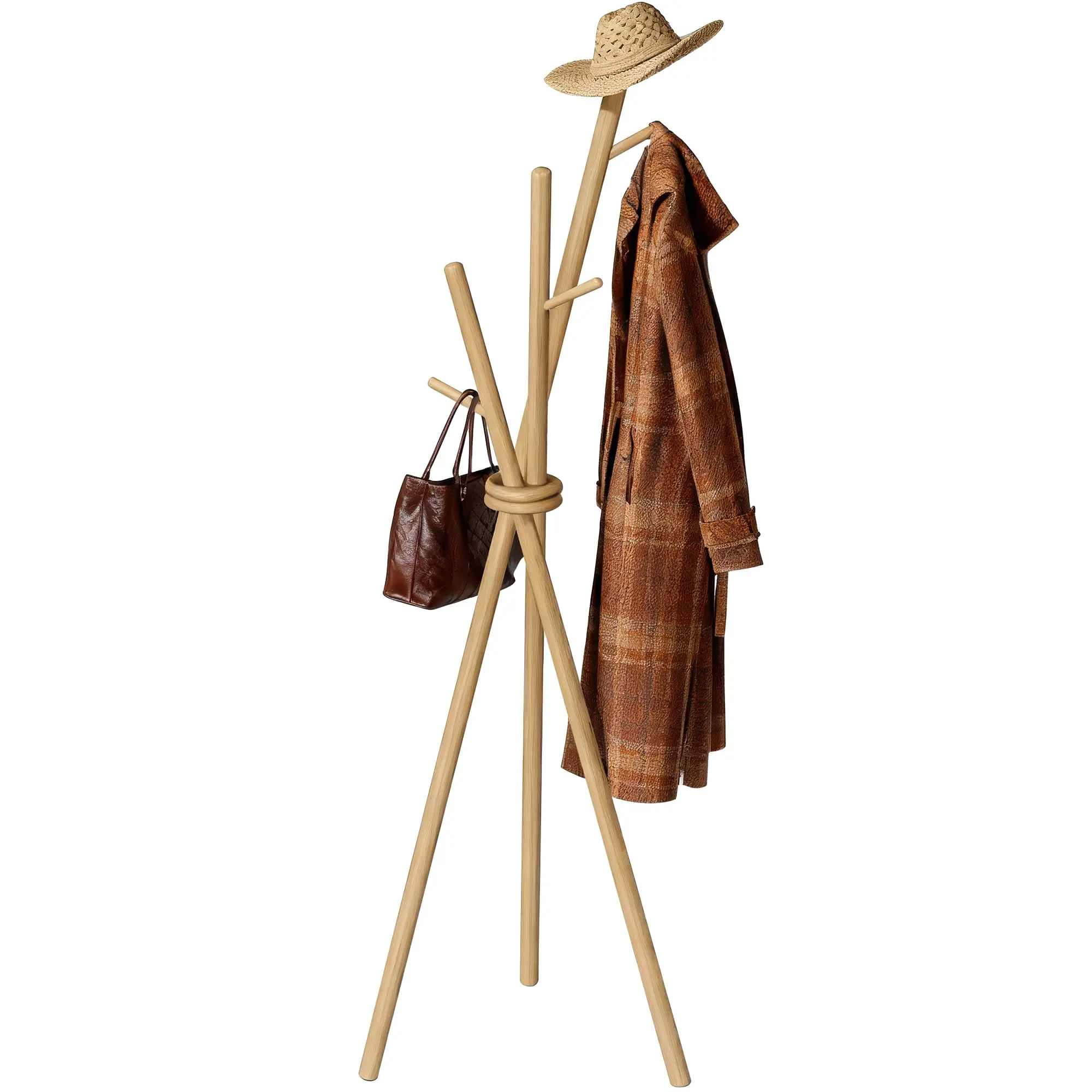 Natural Wood Tripod Coat Stand With Three Hooks For Outerwear, Hats And Bags, Freestanding Design For Entryway Or Living Space
Natural Wood Tripod Coat Stand With Three Hooks For Outerwear, Hats And Bags, Freestanding Design For Entryway Or Living Space