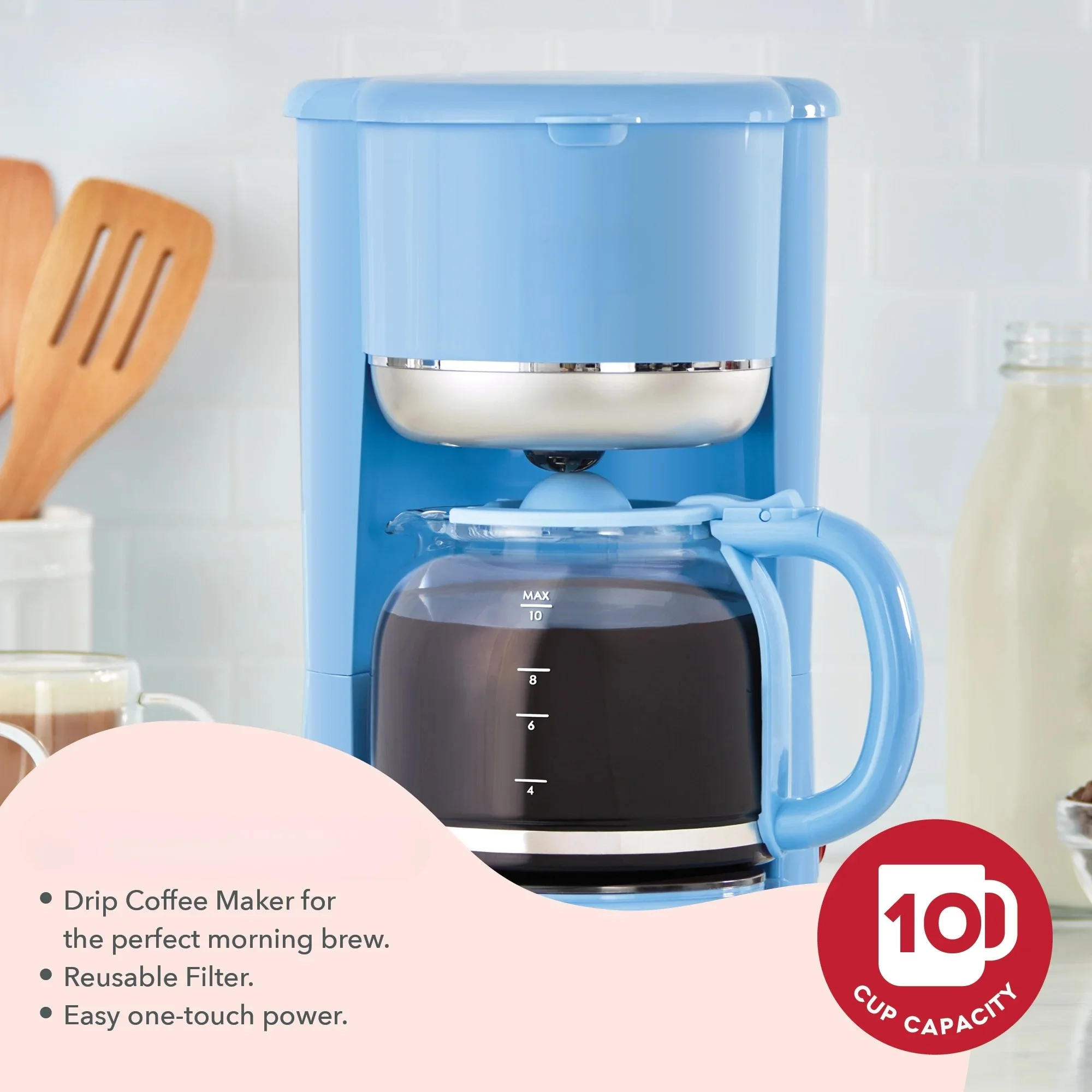Drip Coffee Maker 10-Cup with Reusable Mesh Filter, Glass Carafe & Programmable Timer, Compact Brewer Machine, Blue
Drip Coffee Maker 10-Cup with Reusable Mesh Filter, Glass Carafe & Programmable Timer, Compact Brewer Machine, Blue