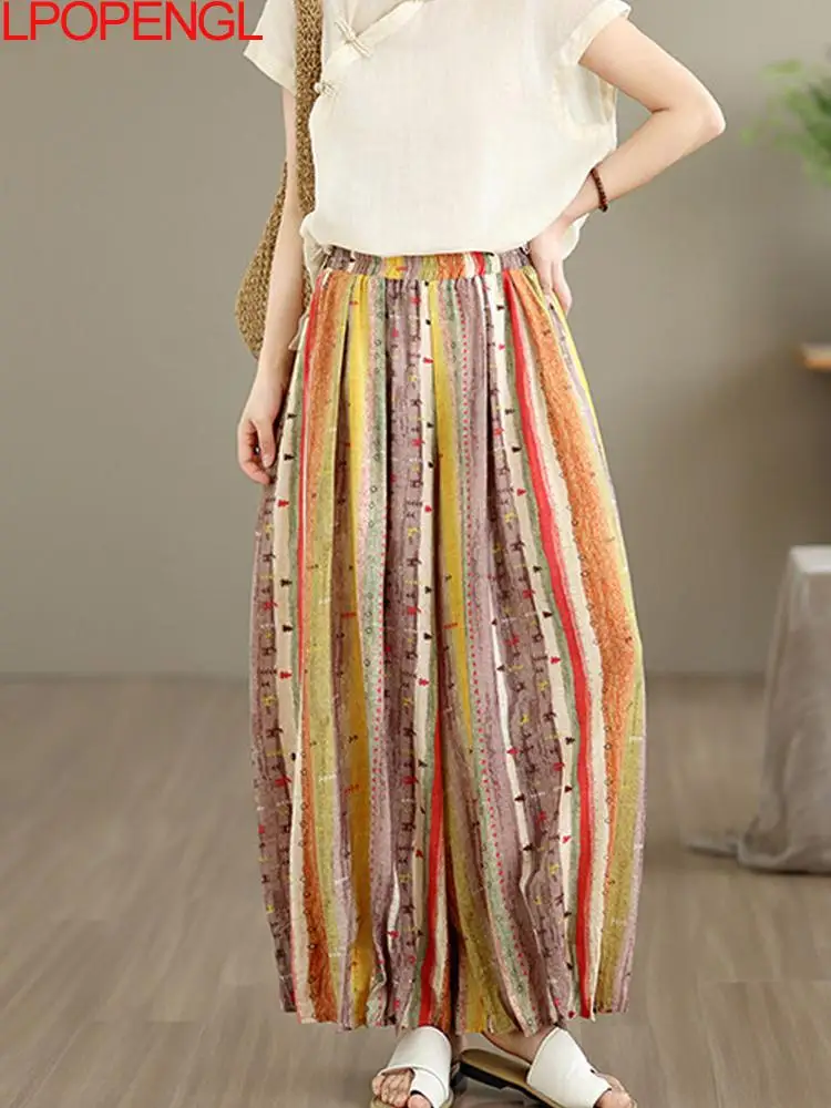 Fashionable Summer Woman Retro Color Stripe Cotton Linen Loose High Waisted Vacation Artistic Elastic Waist Wide Leg Pants Thin
Fashionable Summer Woman Retro Color Stripe Cotton Linen Loose High Waisted Vacation Artistic Elastic Waist Wide Leg Pants Thin