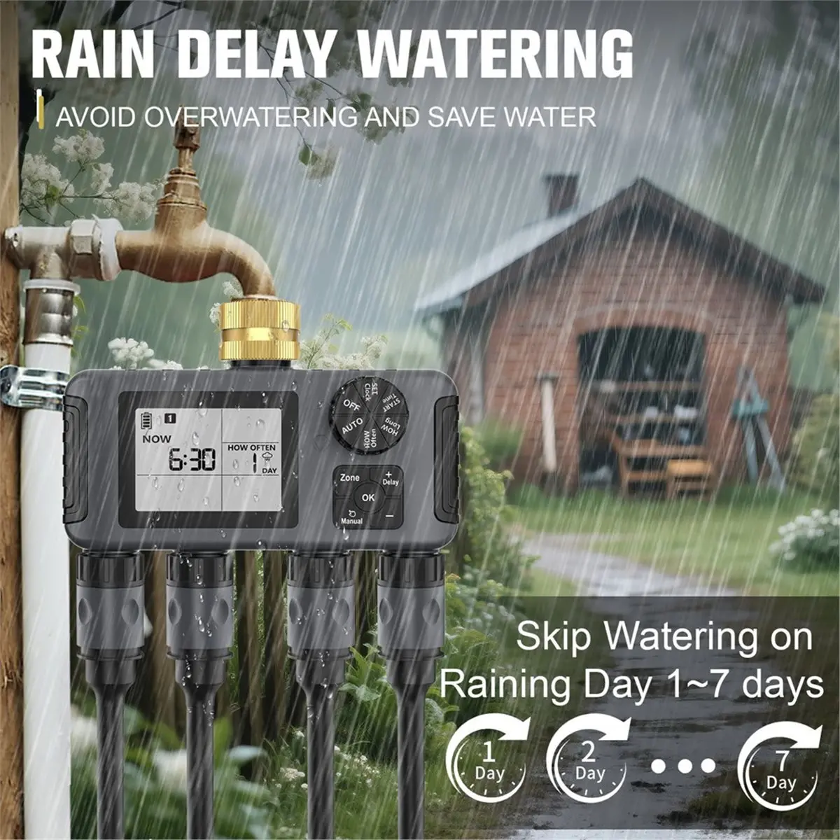 ABJS Water Timer, 4 Zones Outdoor Hose Timer for Garden Faucet with Auto/Manual/Rain Mode, Sprinkler Irrigation Controller
ABJS Water Timer, 4 Zones Outdoor Hose Timer for Garden Faucet with Auto/Manual/Rain Mode, Sprinkler Irrigation Controller