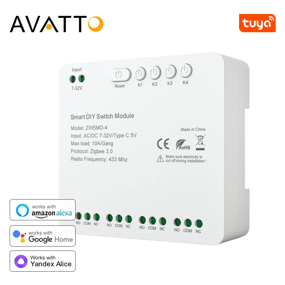 Модуль переключателя AVATTO Tuya Zigbee, 4 канала, 7-32 В/85-250 В, универсальный модуль умного переключателя, реле RF 433 для Alexa Google Home
Модуль переключателя AVATTO Tuya Zigbee, 4 канала, 7-32 В/85-250 В, универсальный модуль умного переключателя, реле RF 433 для Alexa Google Home