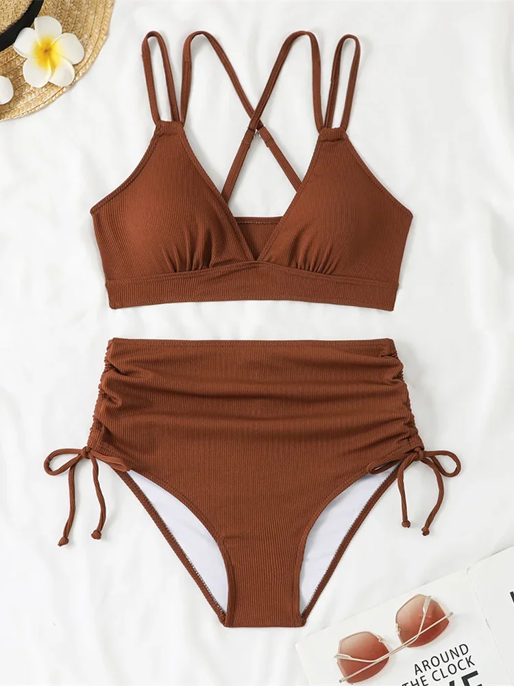 Women's Two Piece Swimsuit Black Double Strap Push Up Pleate Drawstring Side High Waist Bikini 2025 Beach Bathing Suit Swimwear
Women's Two Piece Swimsuit Black Double Strap Push Up Pleate Drawstring Side High Waist Bikini 2025 Beach Bathing Suit Swimwear