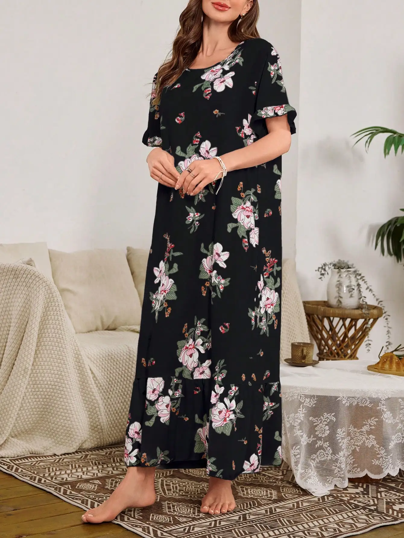 Women's Bubble Crease Floral Maxi Nightgown Ruffle Short Sleeve Casual Loose Sleep Dress Breathable Loungewear for Homewear
Women's Bubble Crease Floral Maxi Nightgown Ruffle Short Sleeve Casual Loose Sleep Dress Breathable Loungewear for Homewear