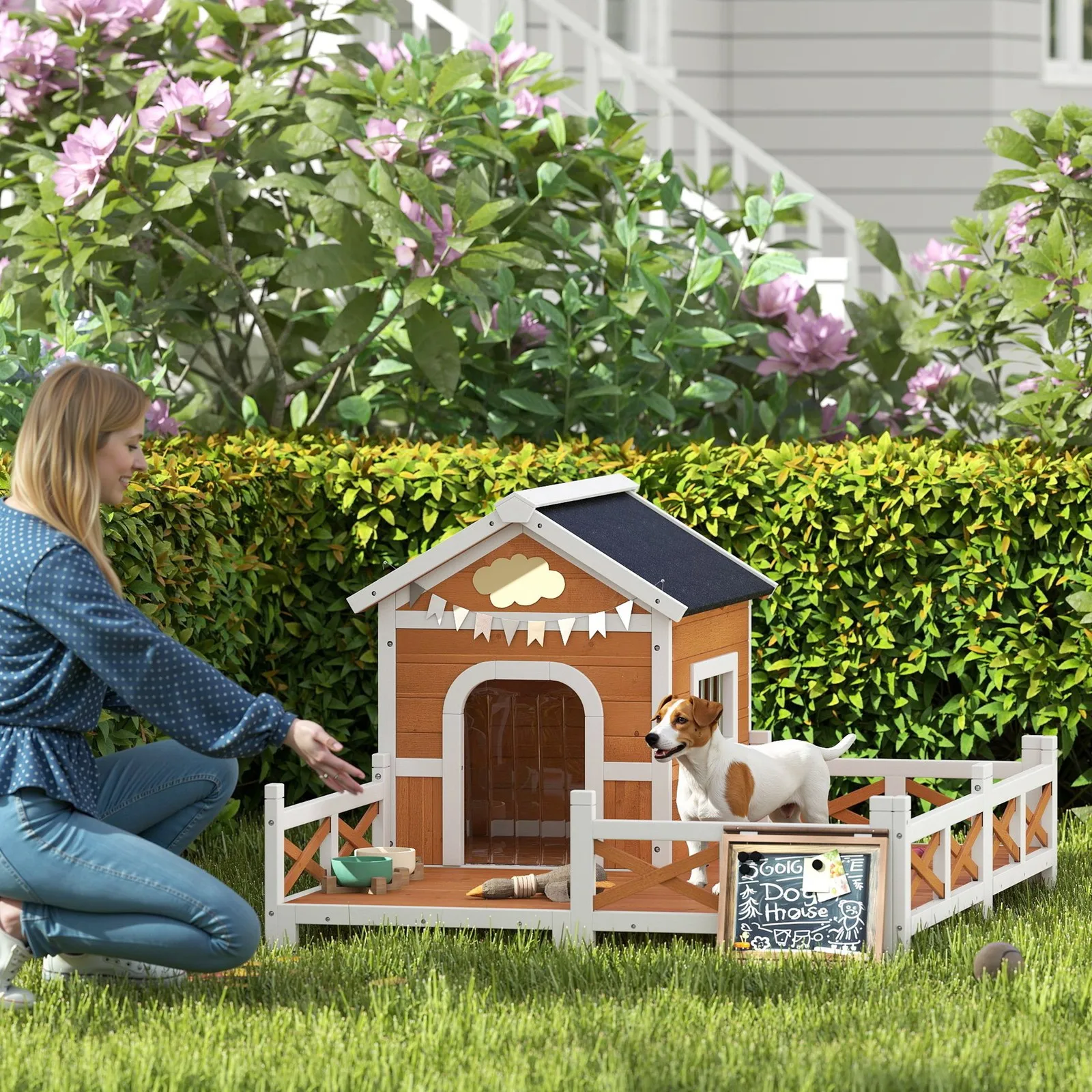 Outdoor Dog House, Wooden Dog House with Large Porch
Outdoor Dog House, Wooden Dog House with Large Porch