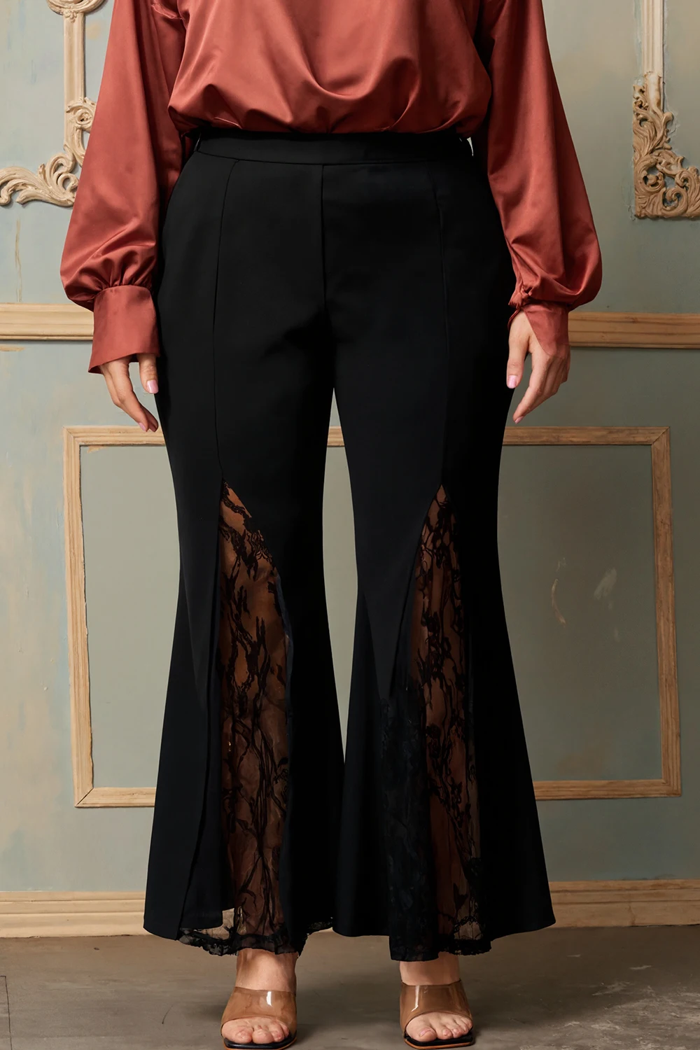 Брюки больших размеров для женщин, кружевные лоскутные брюки с высокой талией, повседневные офисные женские брюки-клеш, 2025 
Брюки больших размеров для женщин, кружевные лоскутные брюки с высокой талией, повседневные офисные женские брюки-клеш, 2025